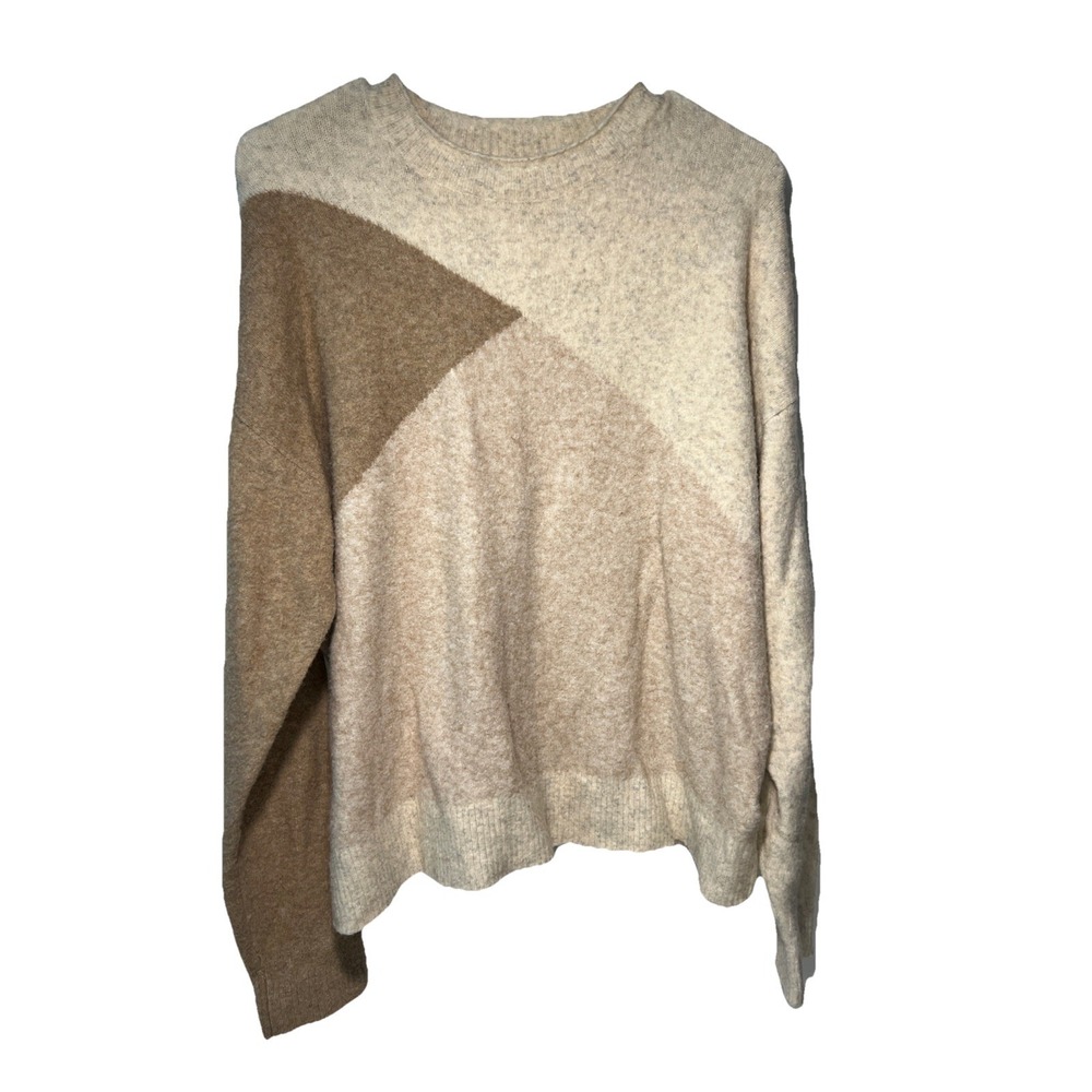 J Crew Colorblock Crewneck Wool Blend Sweater Extra-soft Yarn tan women's Large